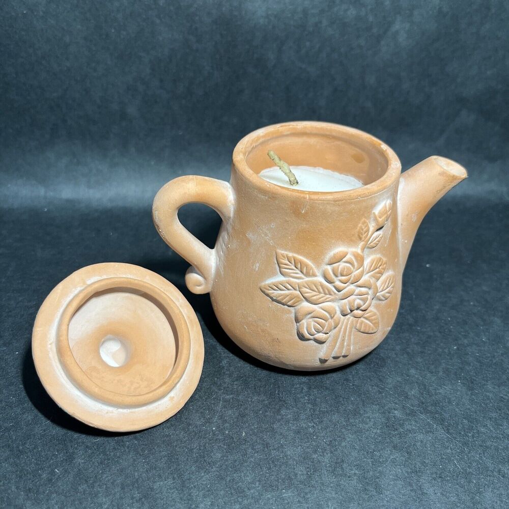 Vintage Potpourri Designs Pottery Floral Tea Pot Candle Holder W/Candle 85% Full